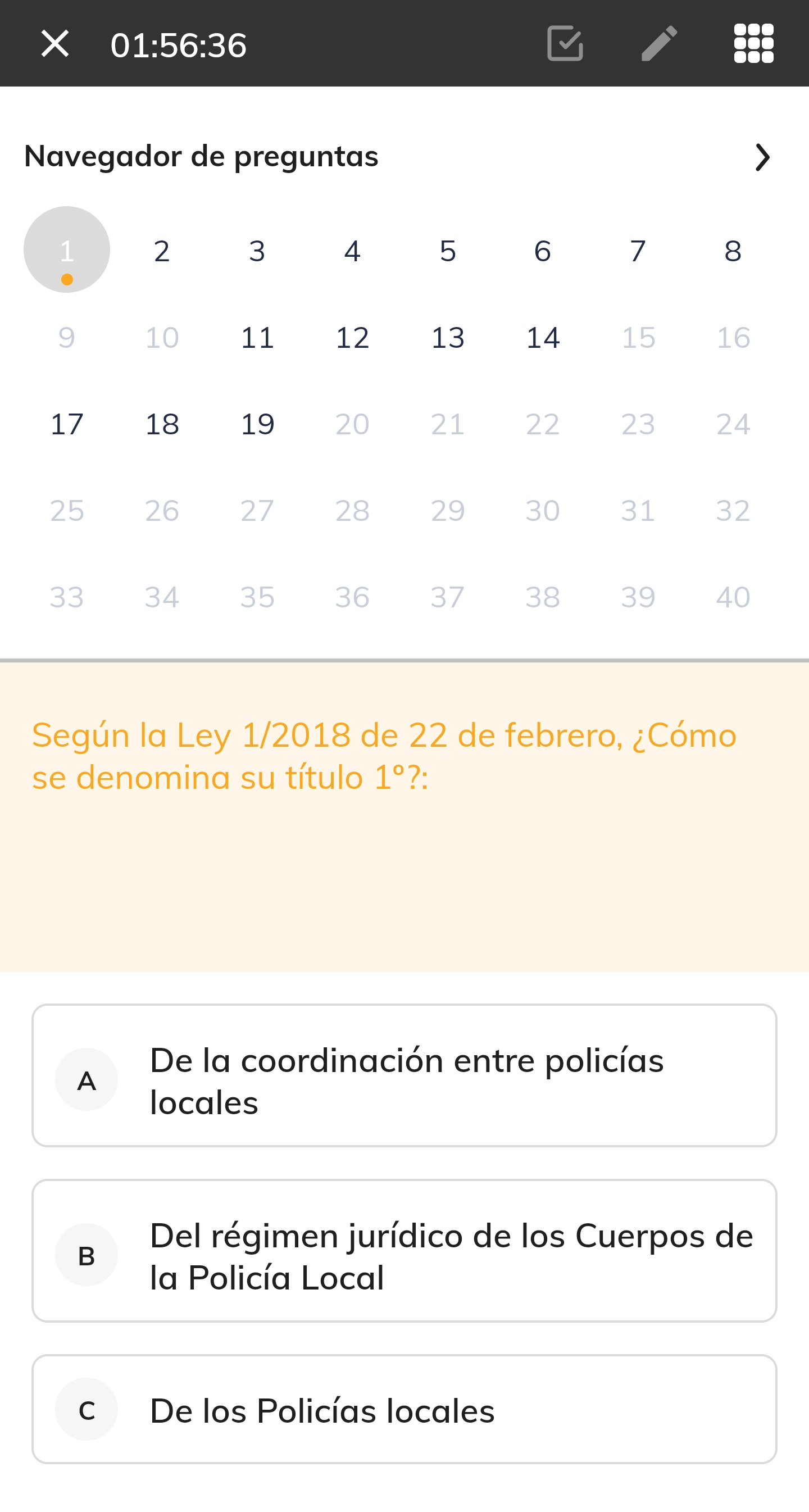 Pantalla de test con navegador de preguntas