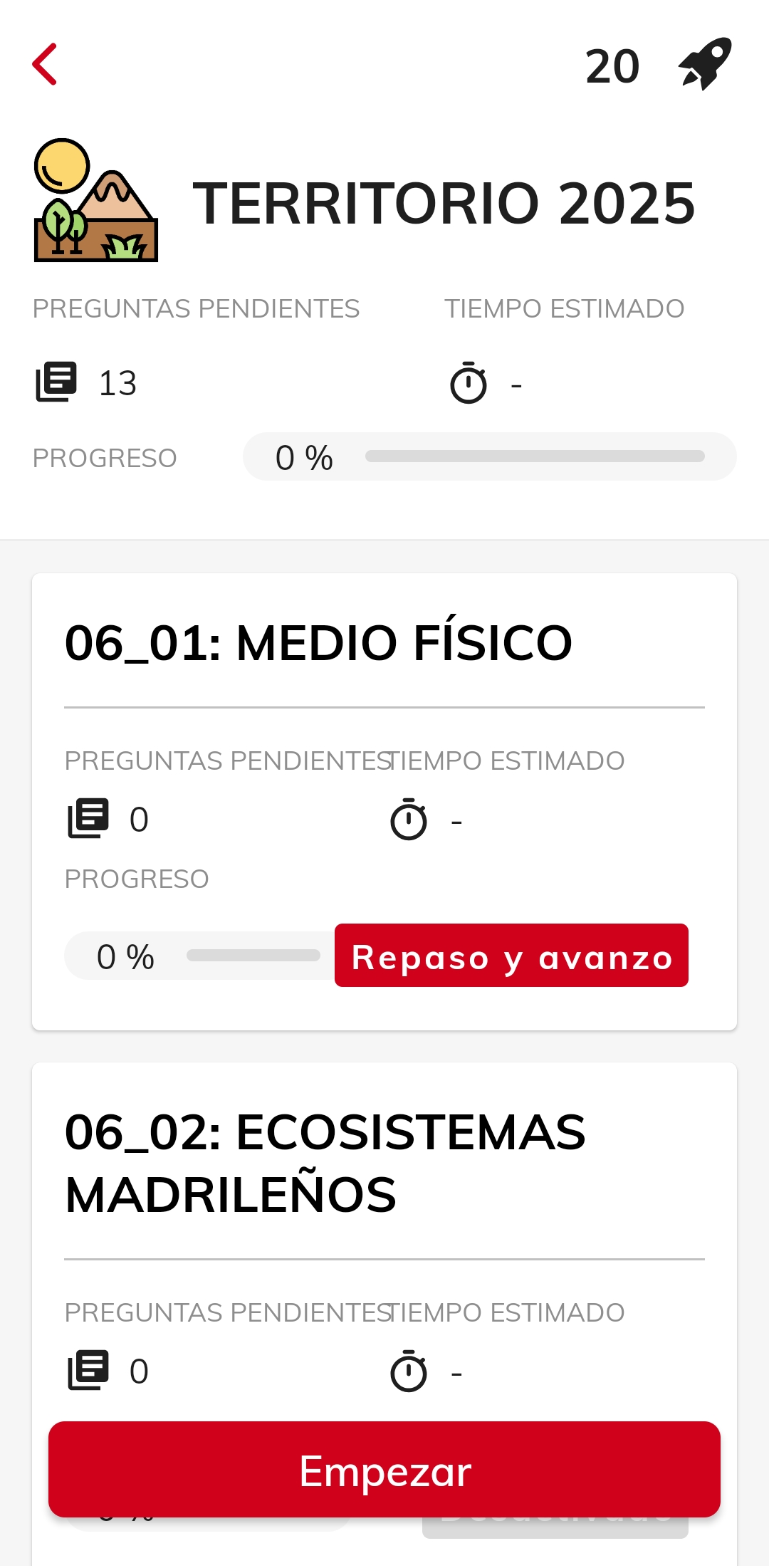 Pantalla de avance del bloque Territorio 2025